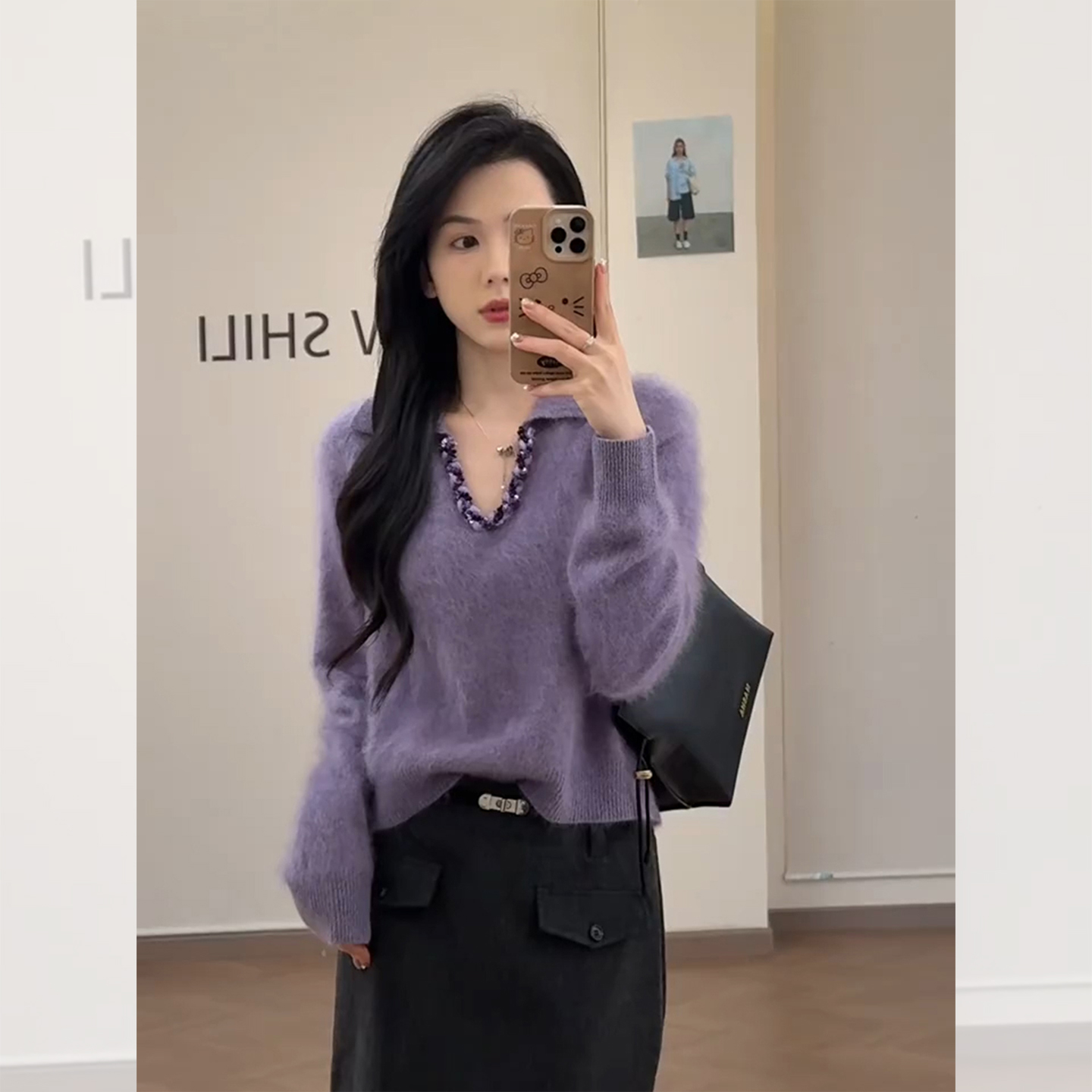 韩系漂亮紫色V领毛衣女2025秋冬季软糯奶呼呼外穿宽松针织衫上衣