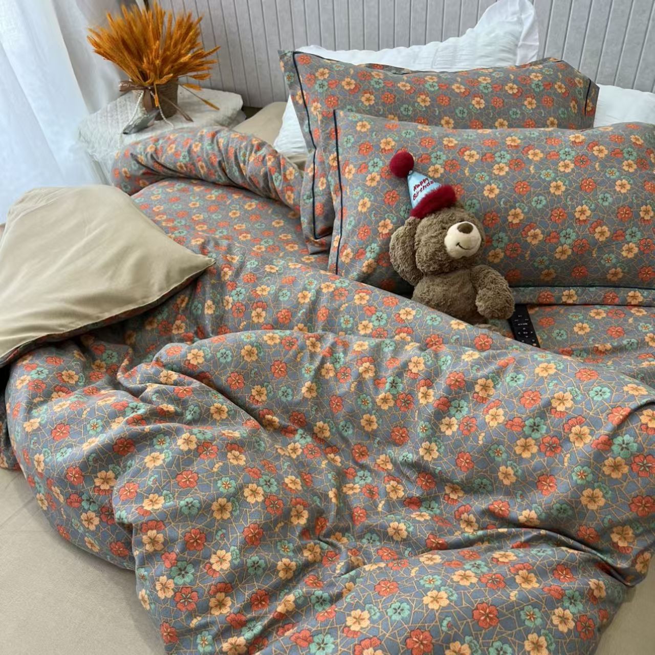 秋冬新款加厚亲肤棉被罩--一路生花（灰）复古双层纱小清新田园风