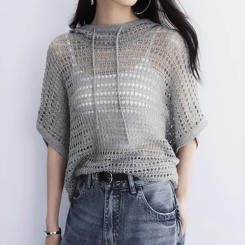 芝麻酪针织衫 棉麻银丝编织_圆领连帽