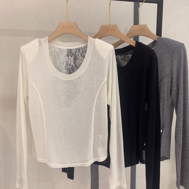 红姐严选显瘦后背蕾丝打底长袖T恤31430