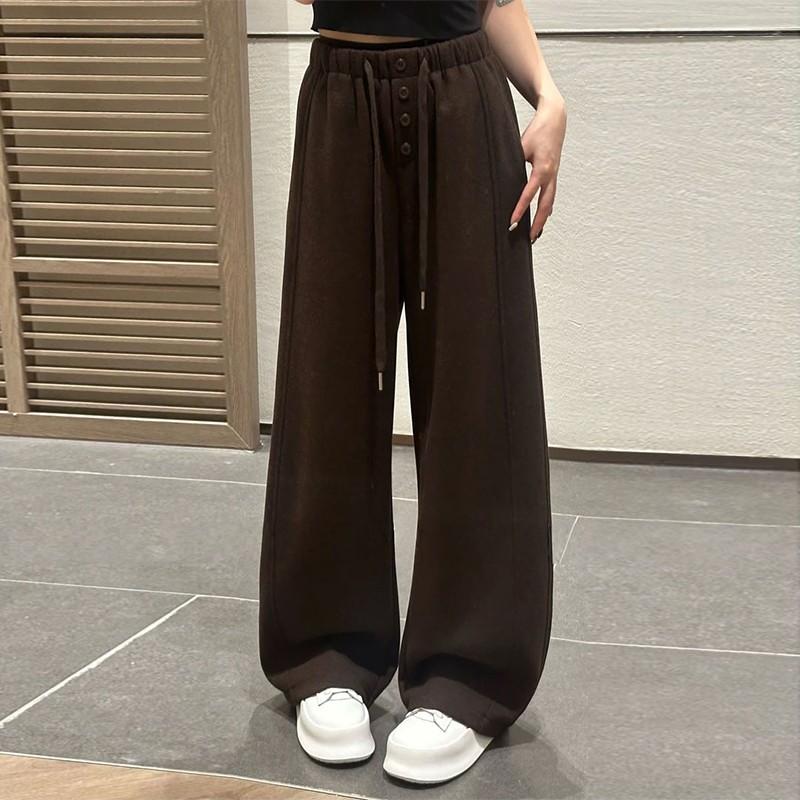 设计感四粒扣毛呢阔腿女2025春秋新款宽松垂感休闲直筒抽绳长裤子
