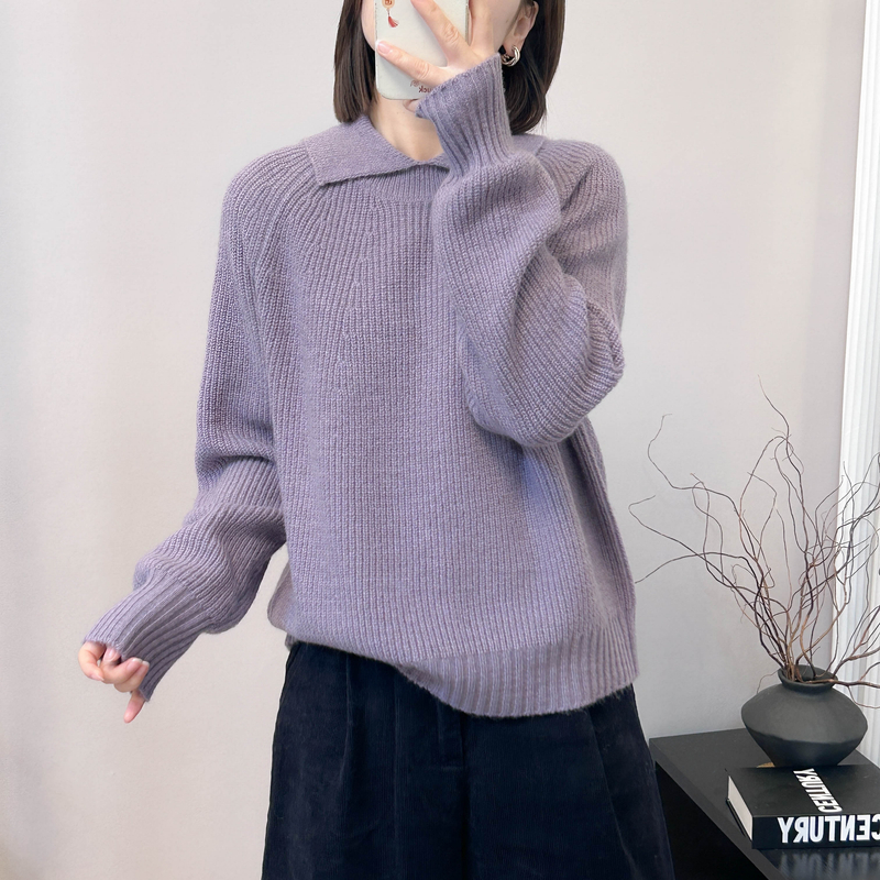 方领元宝针插肩袖纯色针织打底衫秋冬季新款上衣宽松韩版毛衣女士
