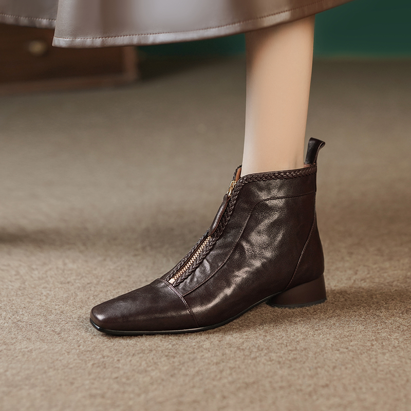 3cm/羊皮/手抓纹法式复古气质方头短筒靴百搭显瘦简约时尚女靴子