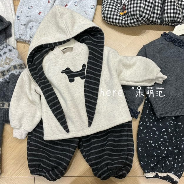 冬季韩版宽松条纹拼色连帽加绒卫衣裤子保暖套装