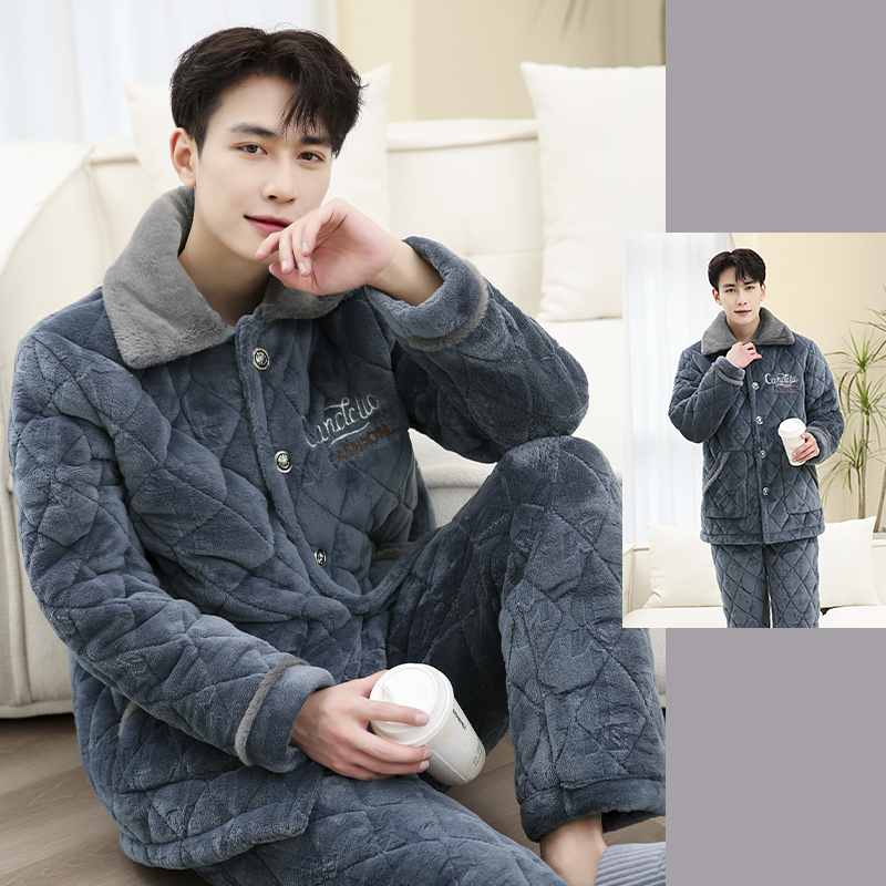 睡衣青年男士冬季加绒超厚三层夹棉袄保暖法兰绒家居服套装可外穿