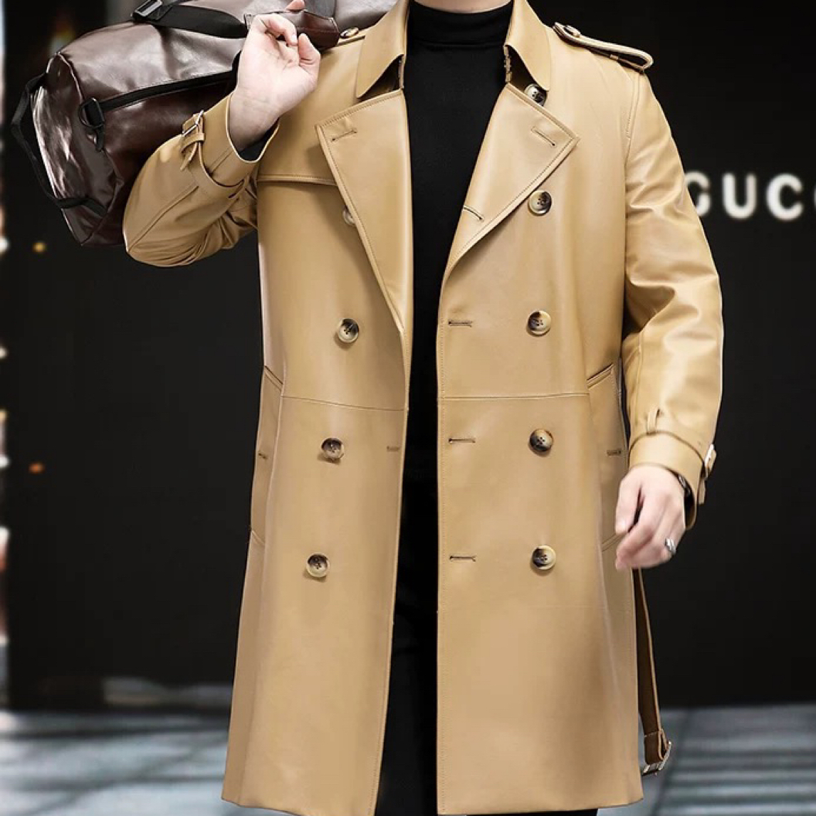 高端绵羊皮海宁真皮皮男时尚风衣修身单皮大衣秋冬过膝长款外套潮