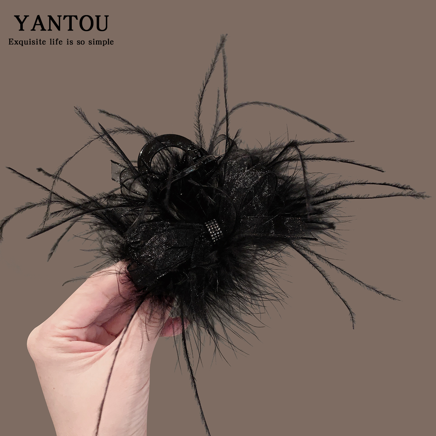 显发量~韩系新款羽毛鲨鱼夹大号时尚百搭黑色发夹后脑勺盘发抓夹