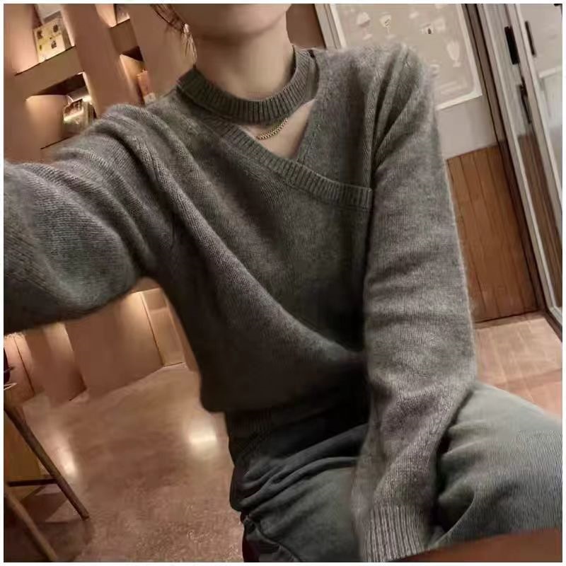 羊范韩系氛围感100羊毛针织衫女V领挂脖秋冬新款打底衫小心机内搭