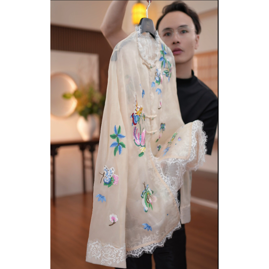 【老罗家】原创真丝短外套女桑蚕丝欧根缎绣花新中式气质外套