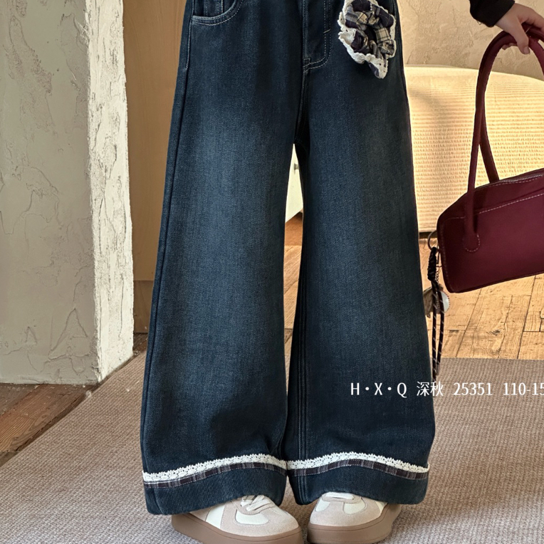 女秋冬季季中大童加绒牛仔裤直筒冬季阔腿裤牛仔裤长裤韩版裤子