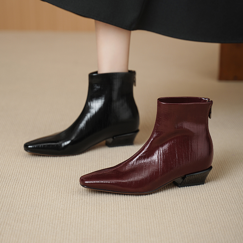 3.5CM-牛皮方秋冬后拉链短靴女靴高跟百搭中跟瘦瘦靴复古马丁靴女