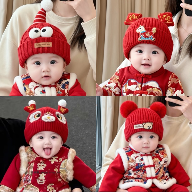 婴儿红色喜庆新年针织毛线加厚保暖护耳套头帽帽子男女宝宝