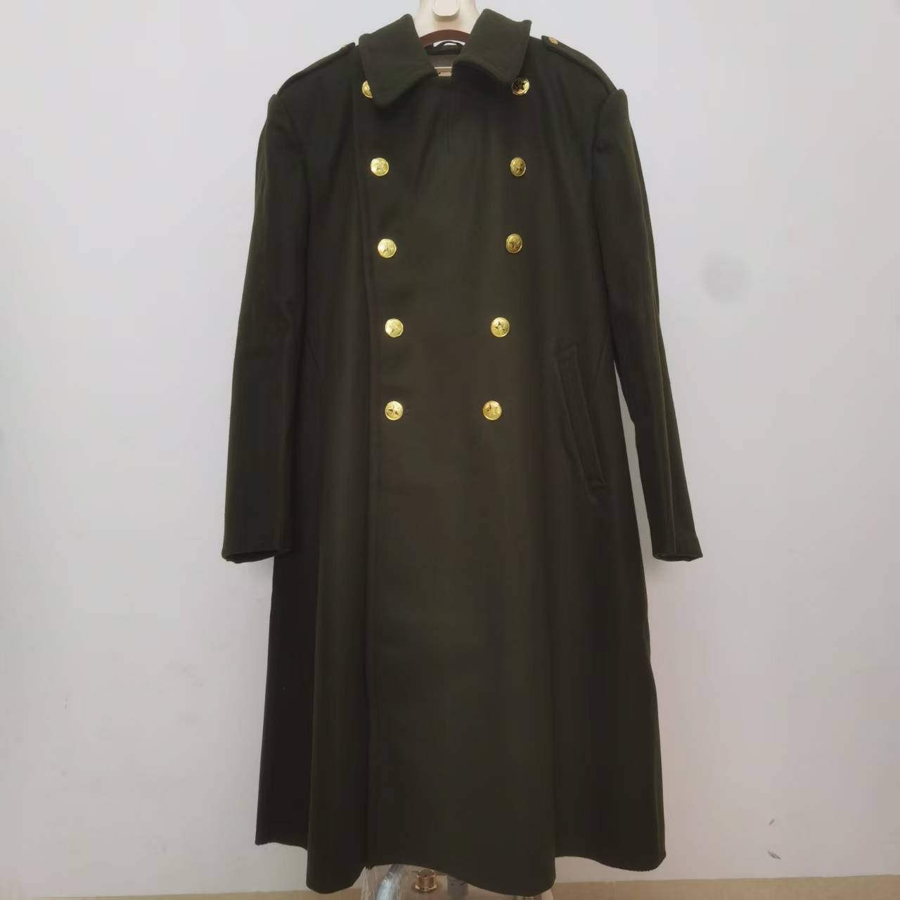 87羊毛呢大衣干部大衣长款双排铜扣军绿色陆款男式黄羊毛呢风衣