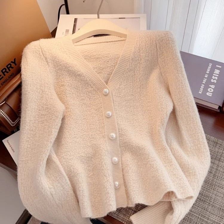 2026秋冬季显瘦收腰安可拉红毛衣开衫女红色法式针织衫气质针织衫