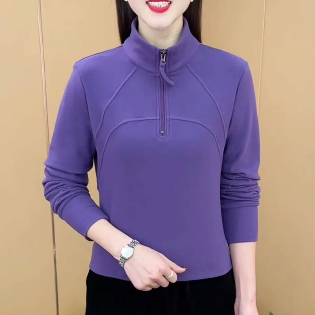 新款双面德绒长袖极简风女休闲风拉链T恤显瘦宽松女士上衣