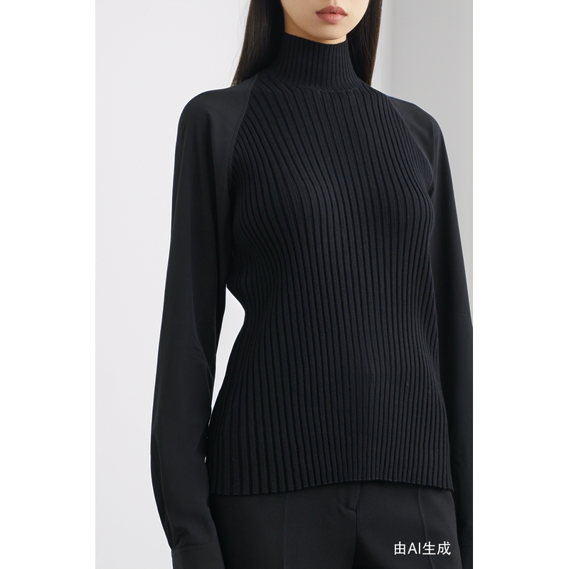 [折扣]TOTEME 秋冬女平纹布拼接绵羊毛混纺高领针织衫毛衣