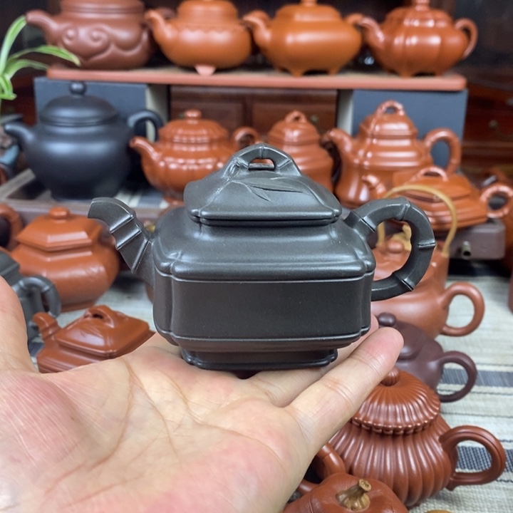 紫砂茶壶四方竹鼓200cc原矿古天青紫砂特价