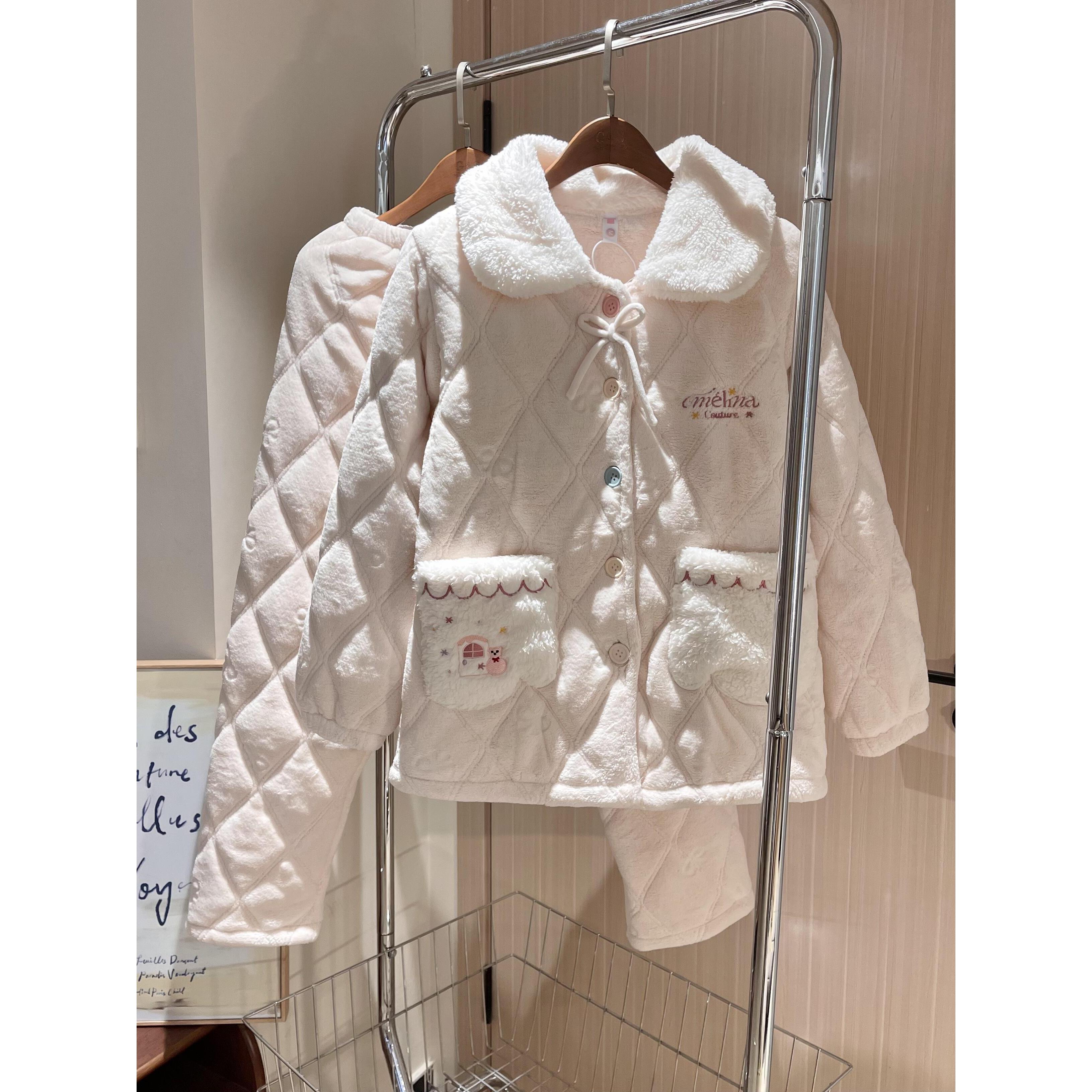 可爱风三层夹棉睡衣女秋冬新款毛绒绒立领加厚外套保暖家居服套装