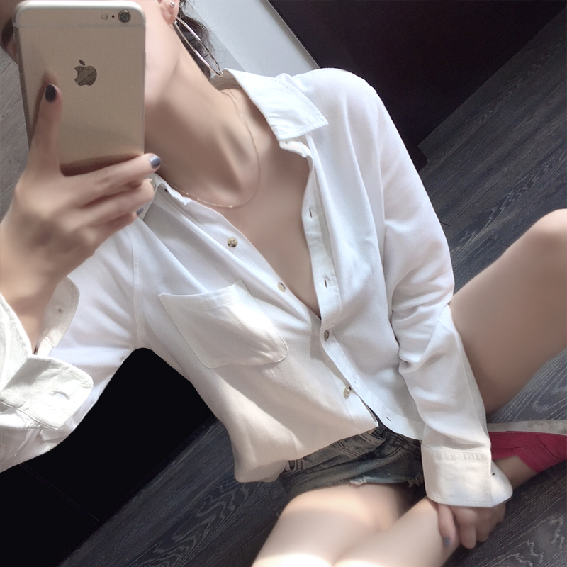 长袖春夏软滑垂宽松人棉白衬衫女新款时尚百搭韩系纯欲慵懒风女装