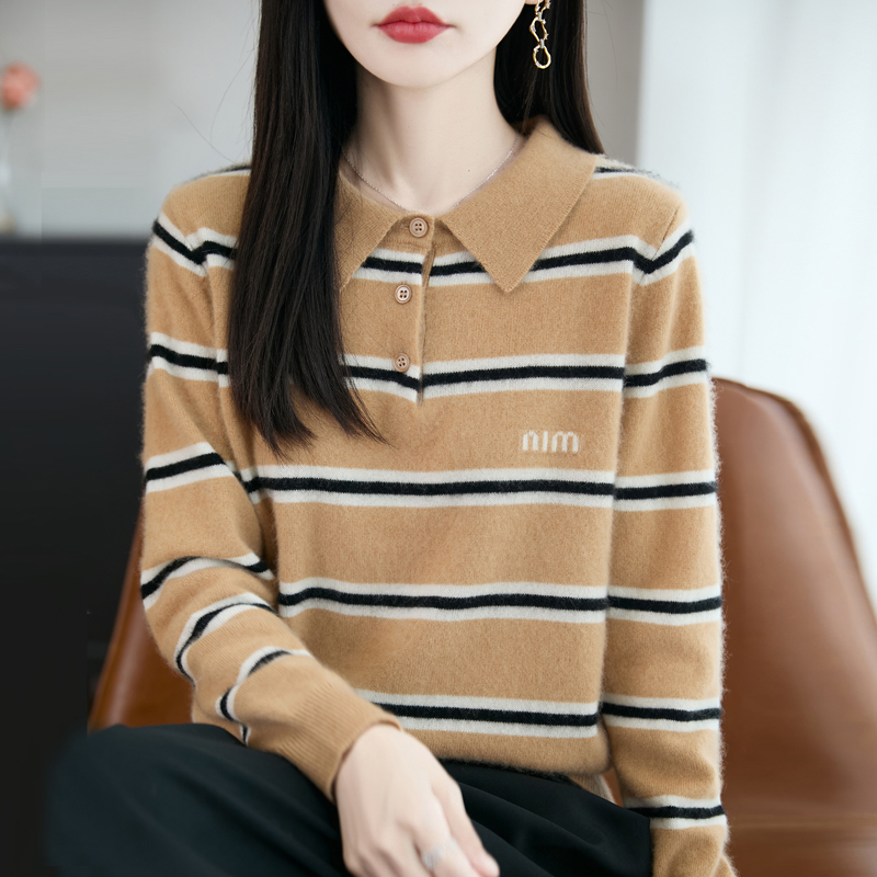 高段位气质款~秋冬新款字母翻领条纹长袖羊毛衫女毛衣针织衫