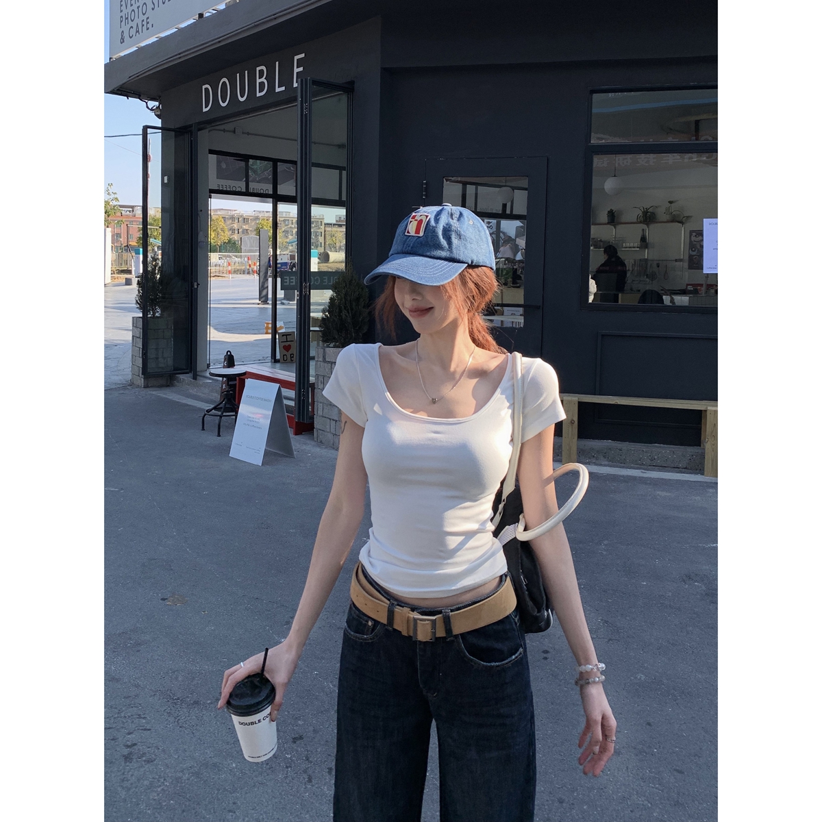 实价 春夏韩版修身方领气质简约百搭T恤女