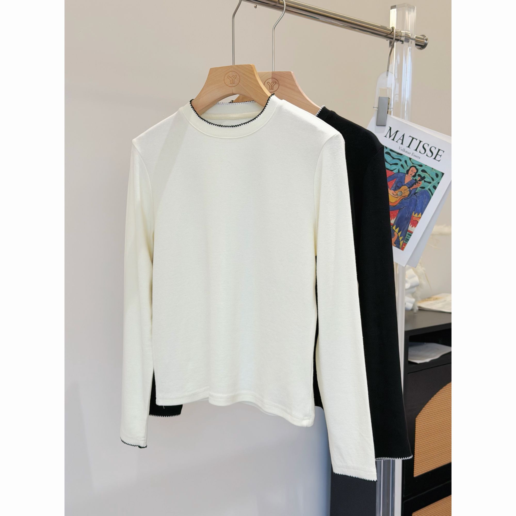 小个子圆圆HP2604精品羊毛圆领花边长袖T恤冬季气质百搭内搭打底