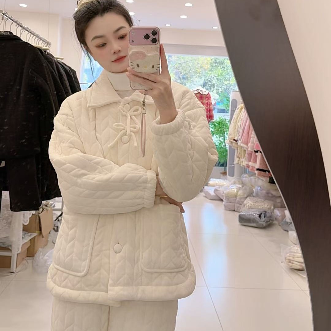 YR冬季新品白色蝴蝶结简约风睡衣家居服套装