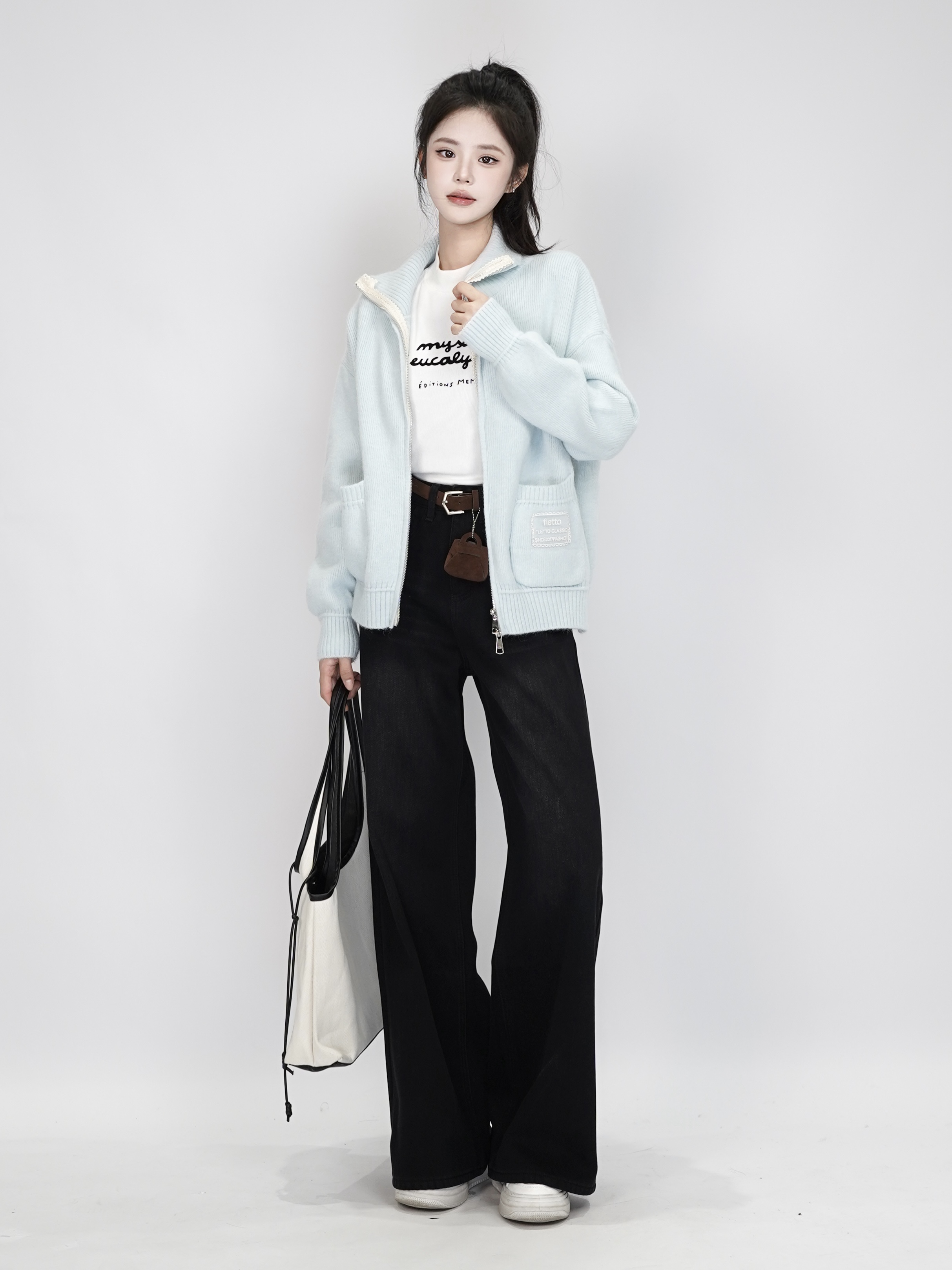 【NEW】时尚百搭小清新少女感毛衣开衫+加绒牛仔阔腿裤套装