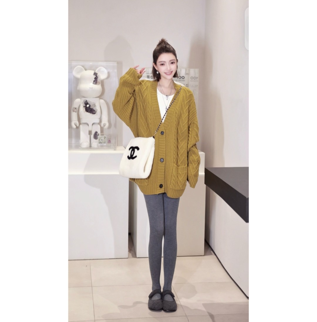 53-宝儿家含幂BV125125412XQ全绵羊毛慵懒风宽松麻花V领针织开衫