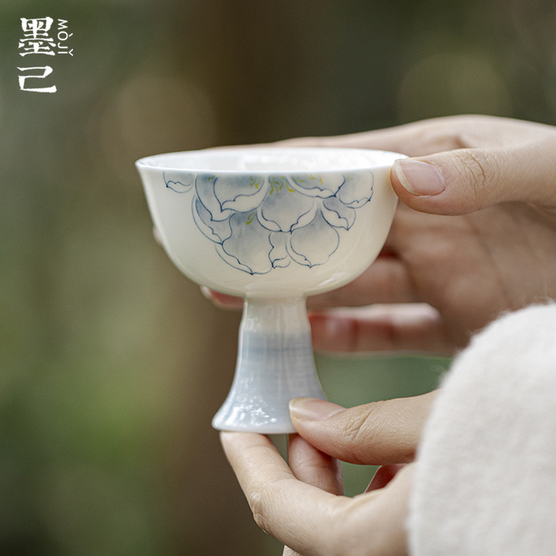 墨己青花莲韵莲花仿宋高足品茗杯功夫茶具家用主人杯陶瓷高脚茶杯