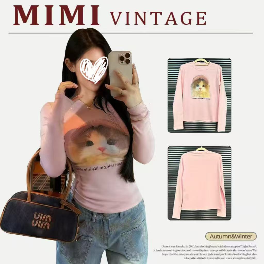 修身显瘦大码上衣”微胖mm美式复古趣味印花长袖T