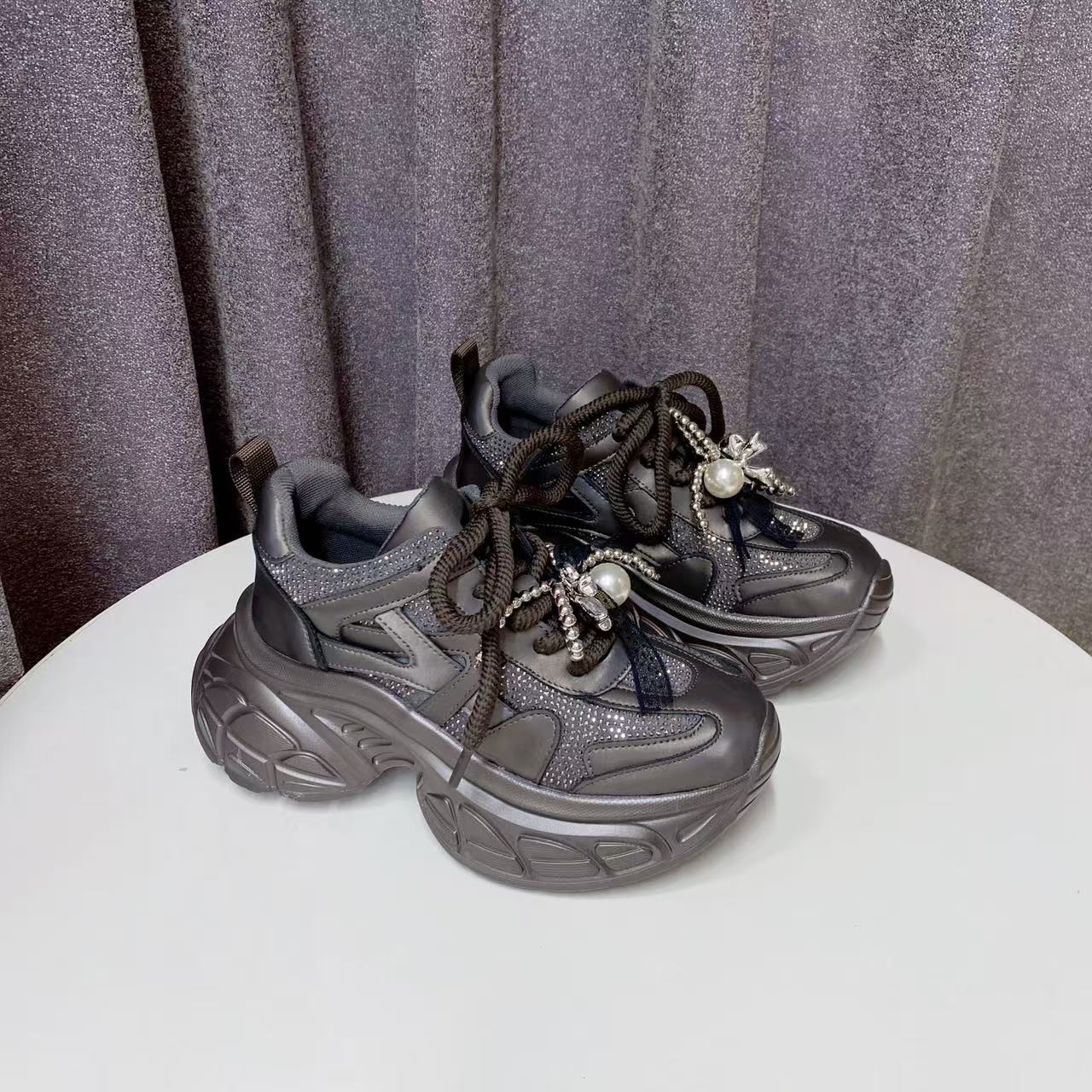 C6786 枪色  夏季时尚圆头系带休闲运动鞋女士老爹鞋