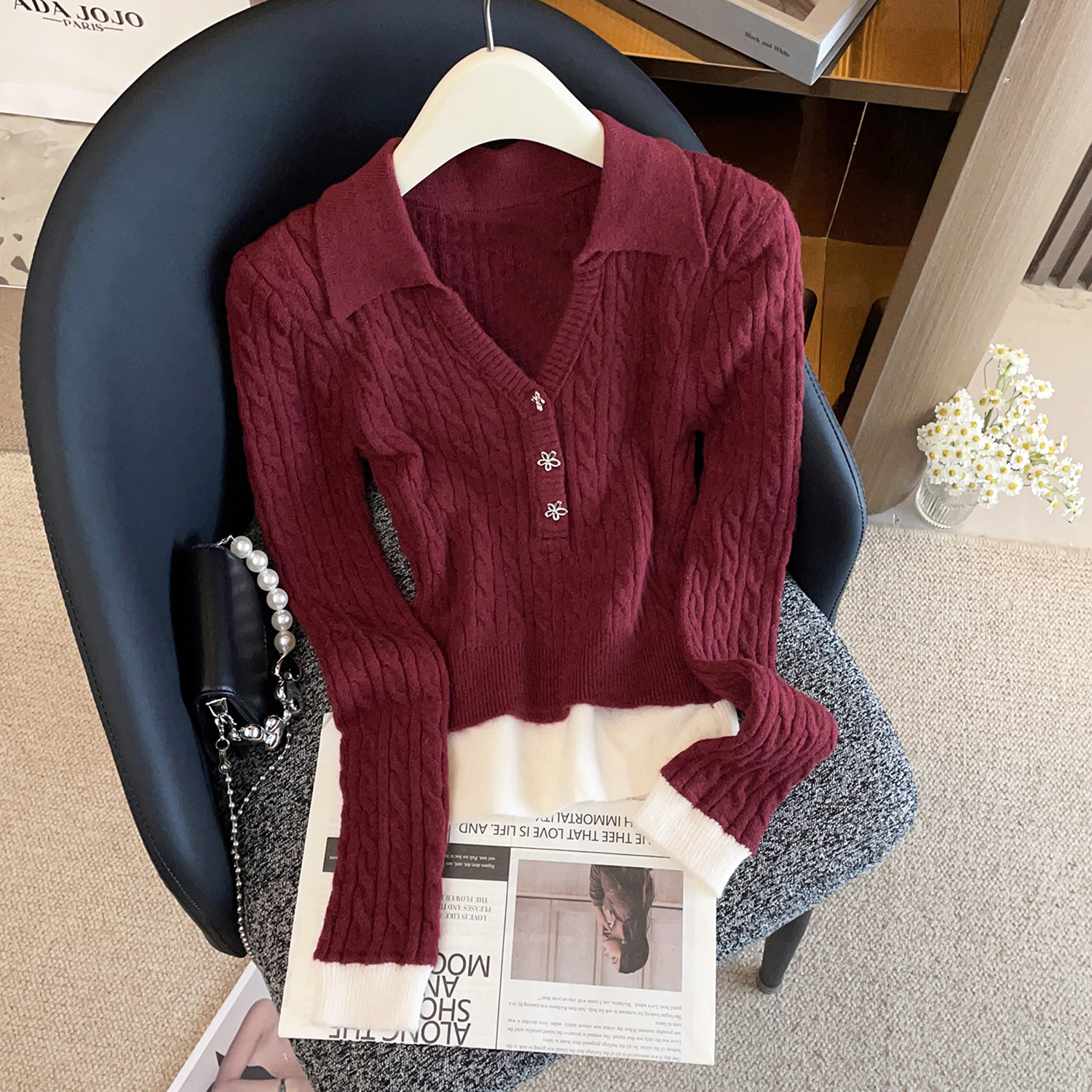 2025冬季新款高端女装韩系假两件V领麻花针织衫修身毛衣DY9629