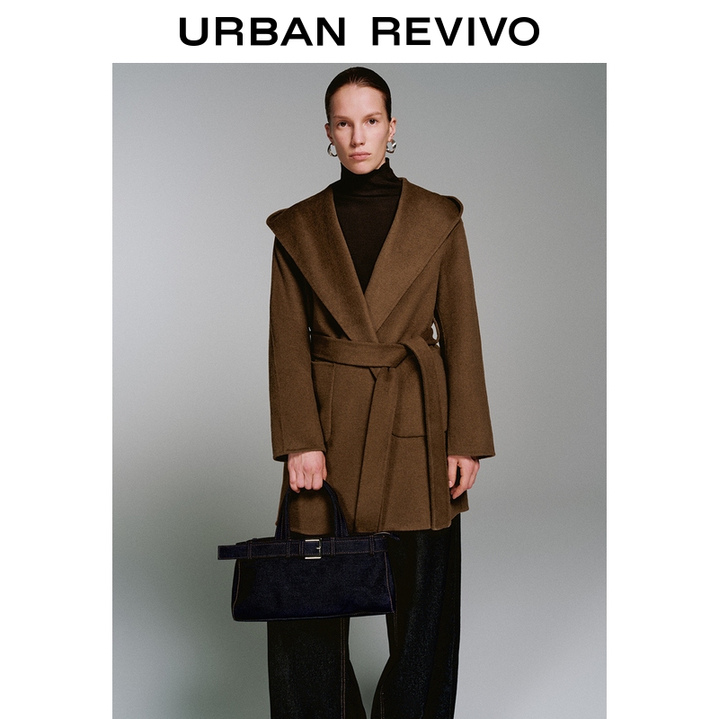 UR2025冬季新款女装琥珀流光风连帽腰带含羊毛大衣UWM150080