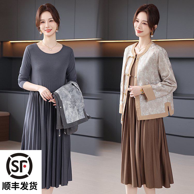 中年妈妈秋装提花外套短款中老年女春秋连衣裙套装两件套2025新款