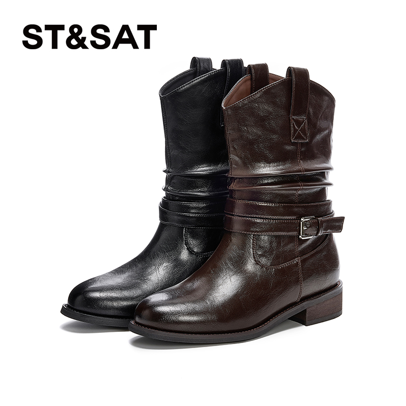 星期六时尚褶皱短筒靴女款2025秋冬新款舒适粗跟显瘦堆堆靴骑士靴