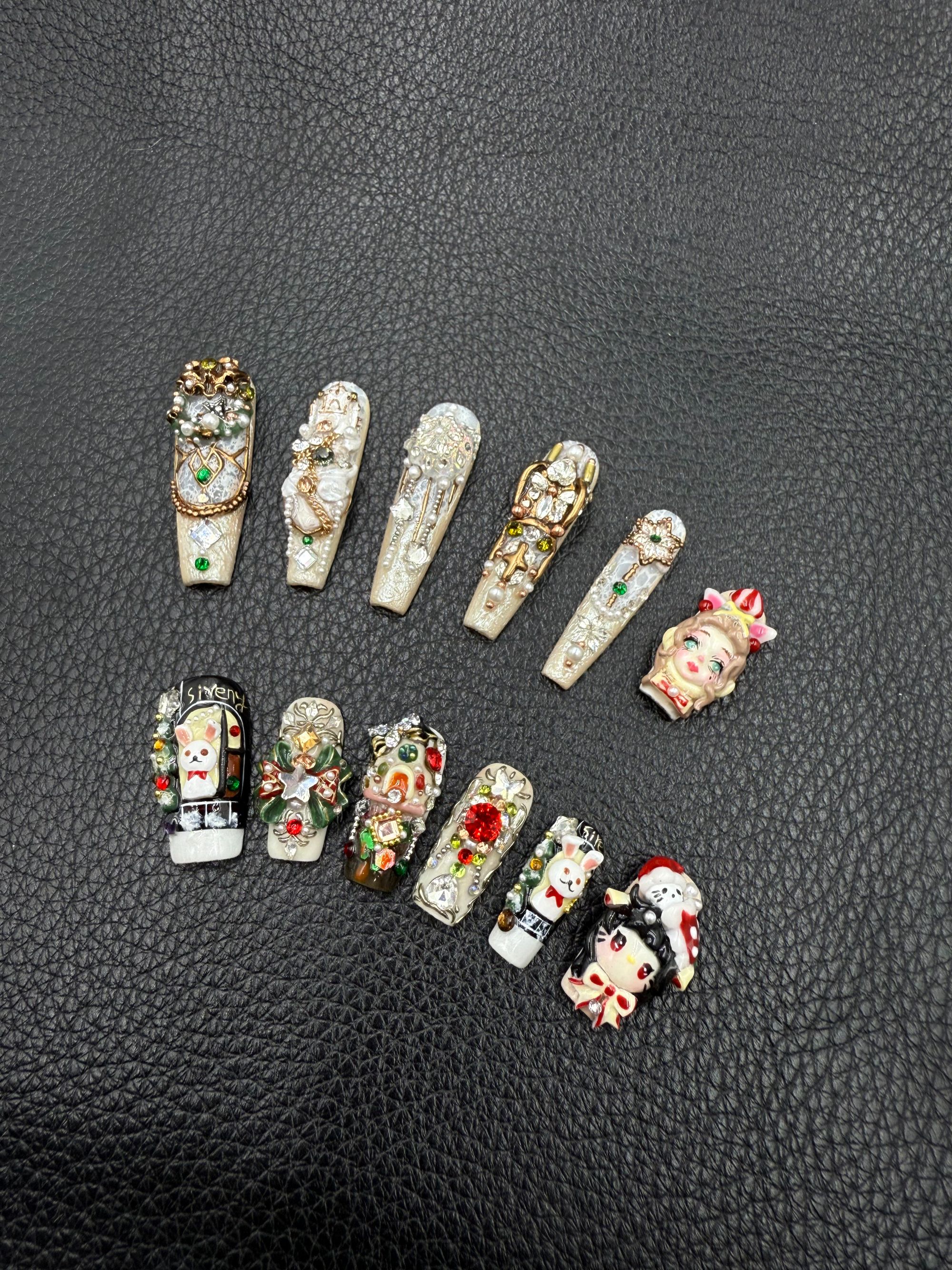 【Dandan出品】童话圣诞12片 纯手工穿戴甲贴片 重工设计私定娃娃款
