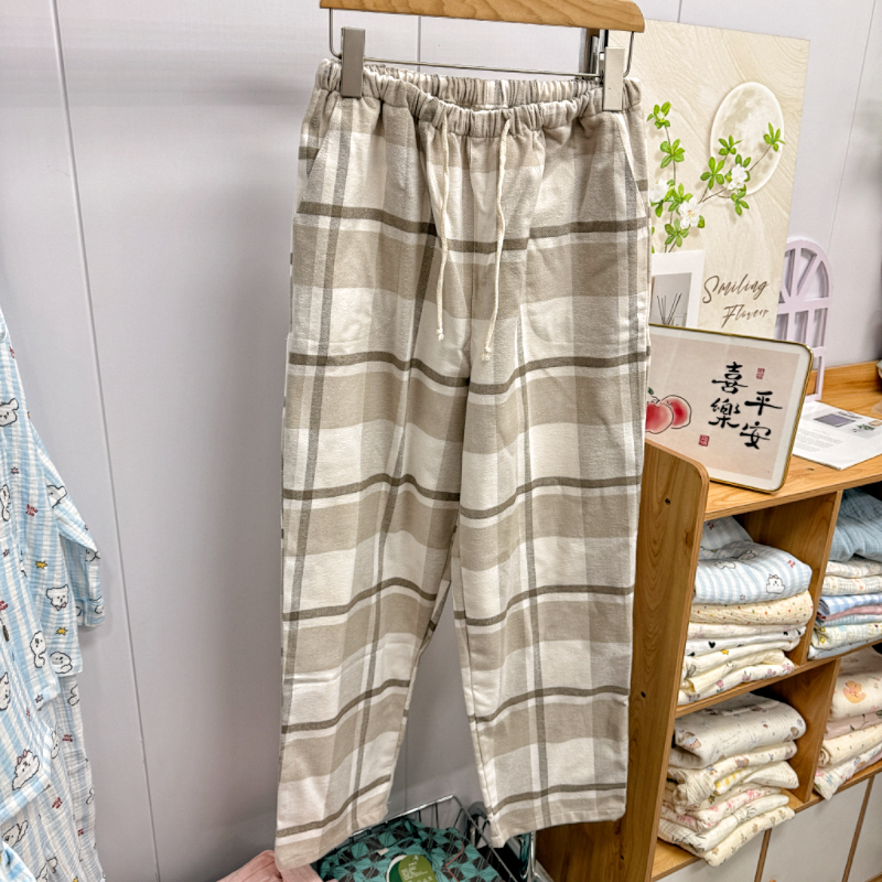 福利款色织全棉磨毛格子裤休闲可外穿家居裤宽松纯棉直筒裤无印风