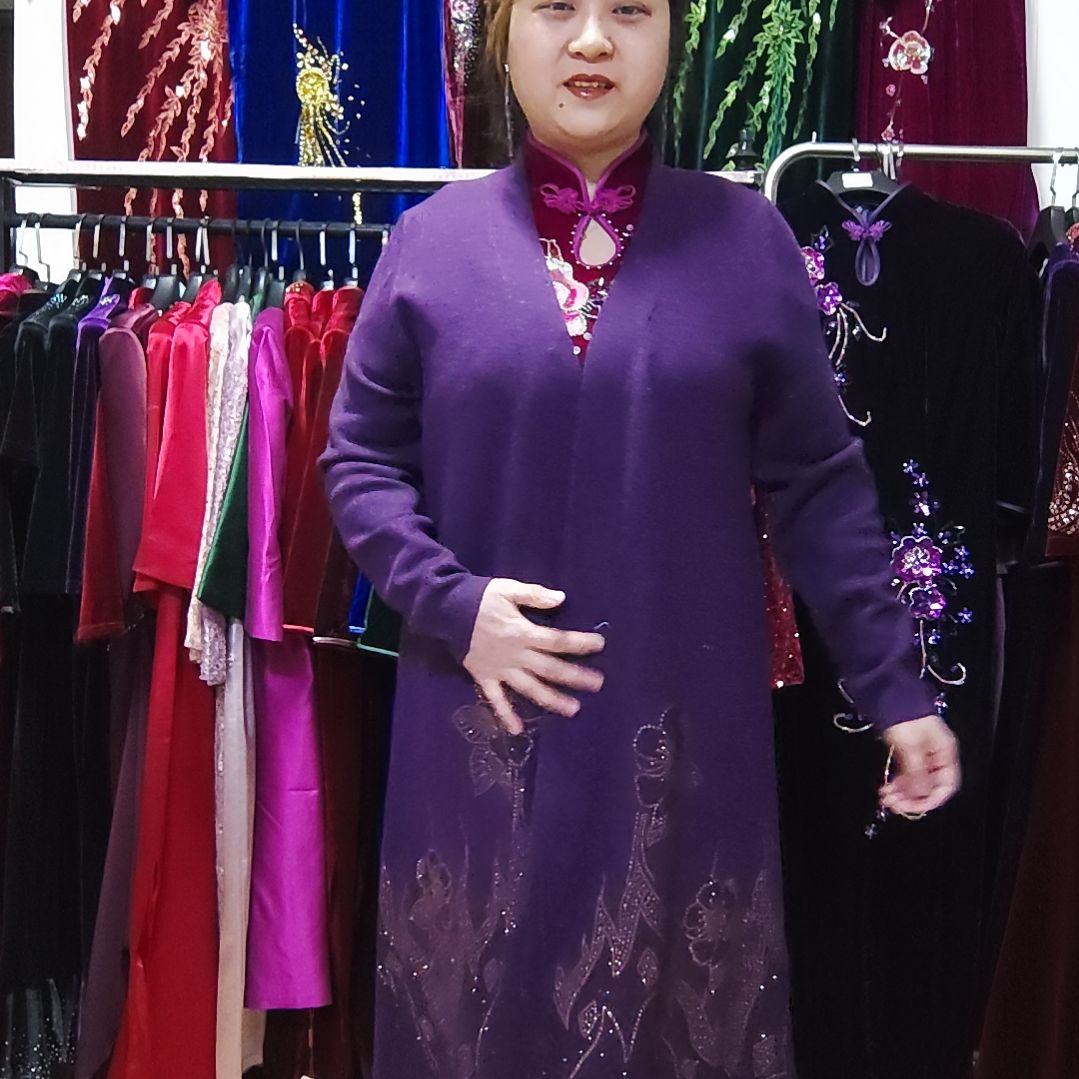 紫色针织重工长款外披100-150内