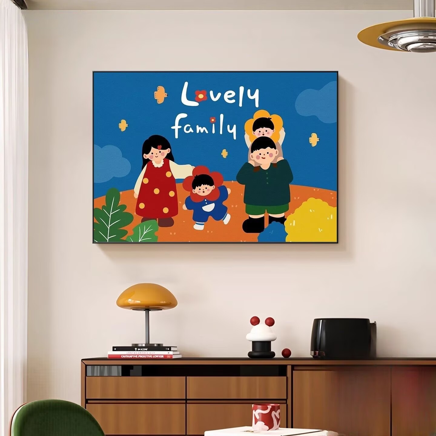 多巴胺风格温馨一家三口客厅沙发背景墙装饰画艺术感餐厅壁画L24