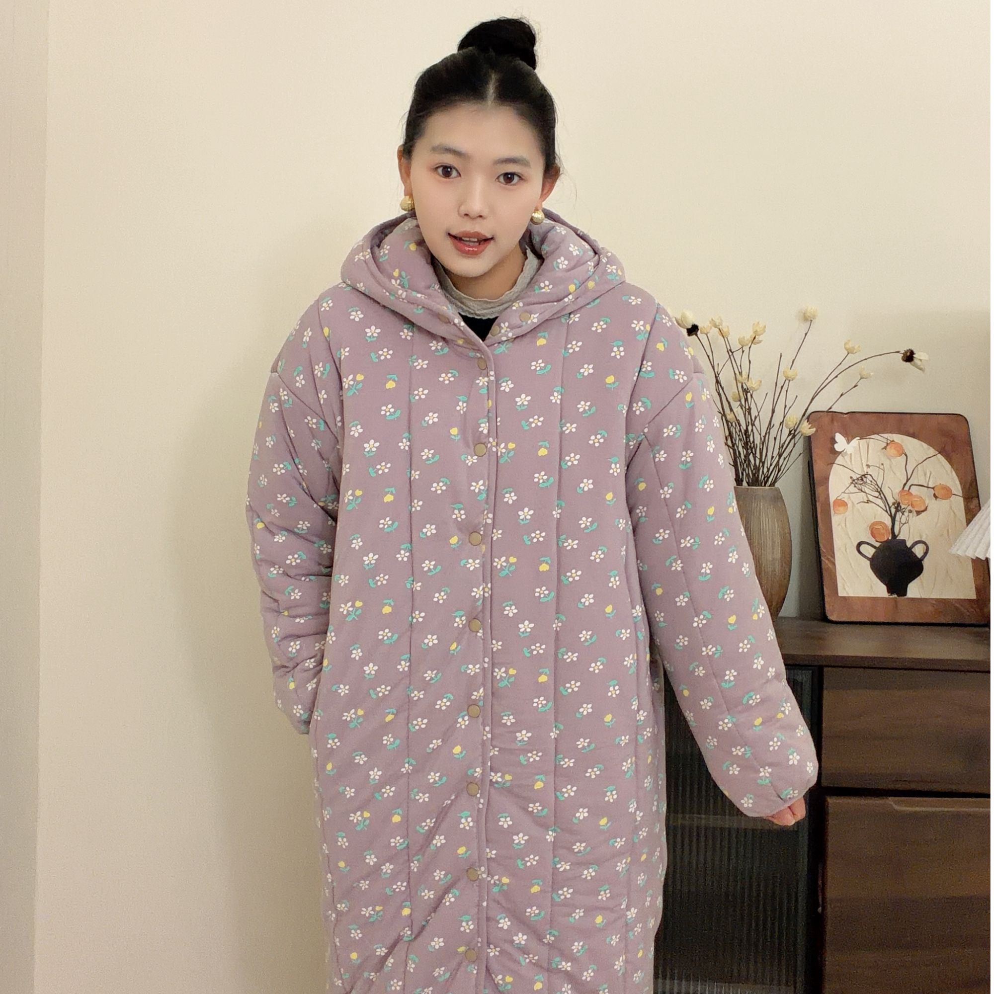 新疆棉花【浅紫小花】立领直筒大长款宽松家居服保暖棉衣新款棉服