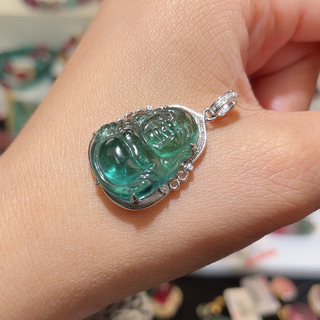 碧玺吊坠(不含链)18K金镶嵌 蓝绿渐变 佛公