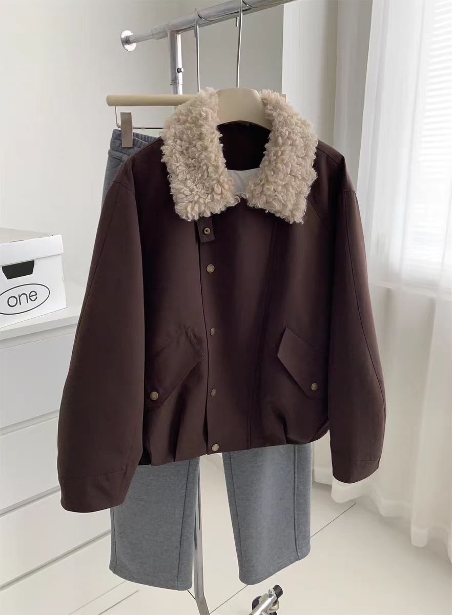 冬季新款羊羔毛拼接翻领工装羽绒派克服保暖棒球服厚外套