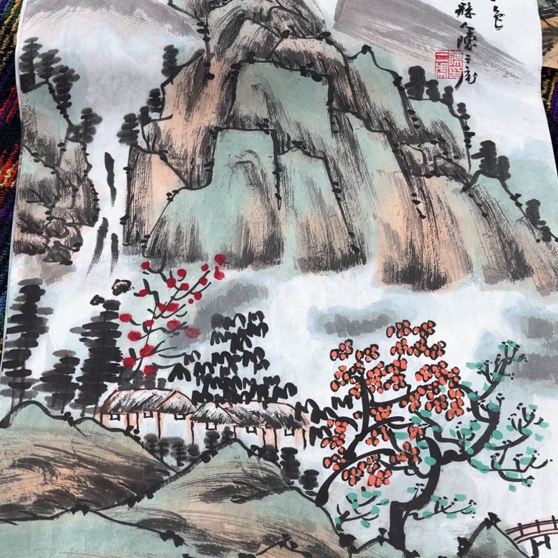 国画陈三虎四尺三开山水朱