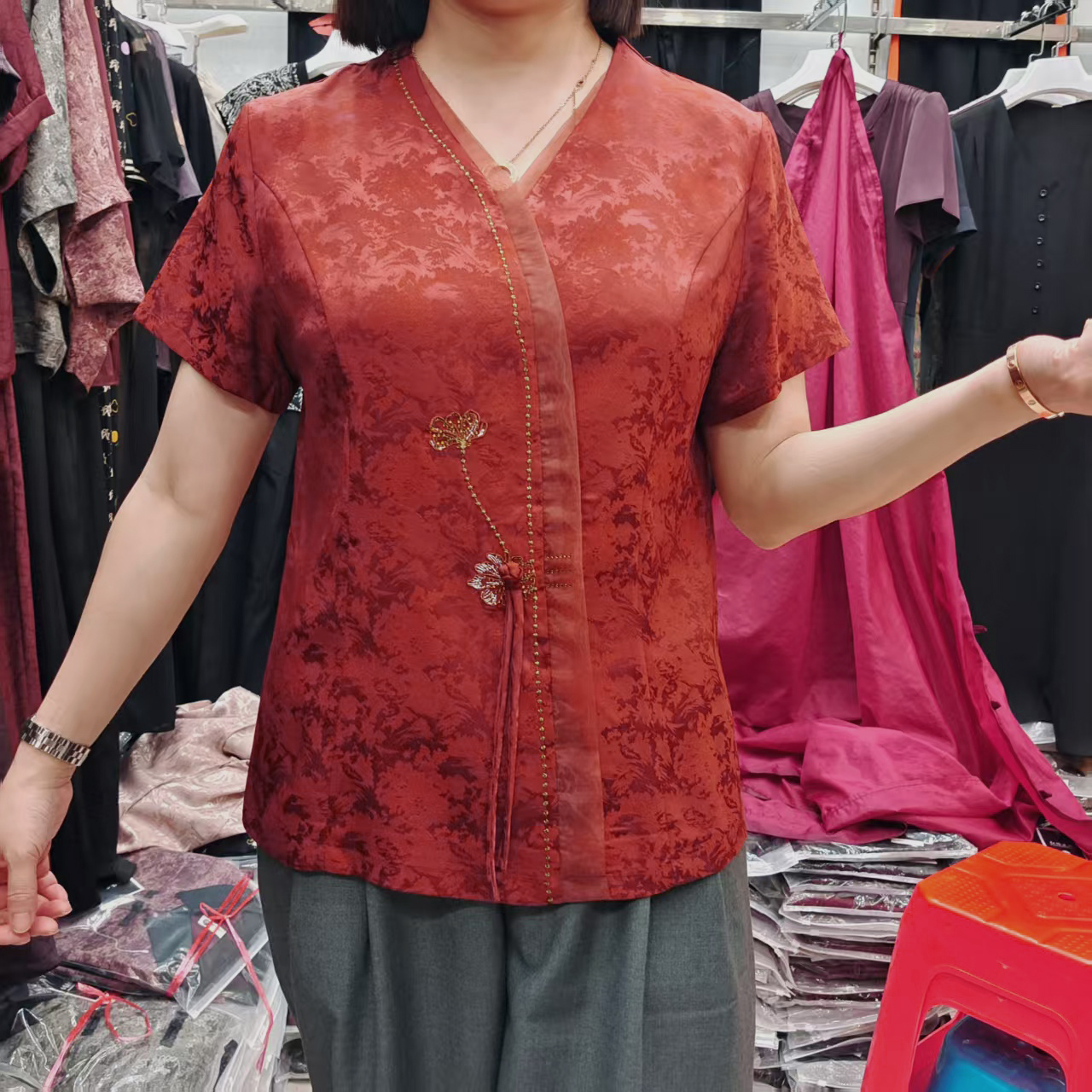 8935-1妈妈夏装套装新款阔太太新中式国风小衫中老年女衬衣两件套