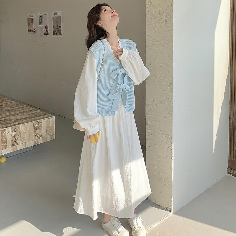 舒舒小个子~木耳衬衫式连衣裙女马甲两件套C221-F18