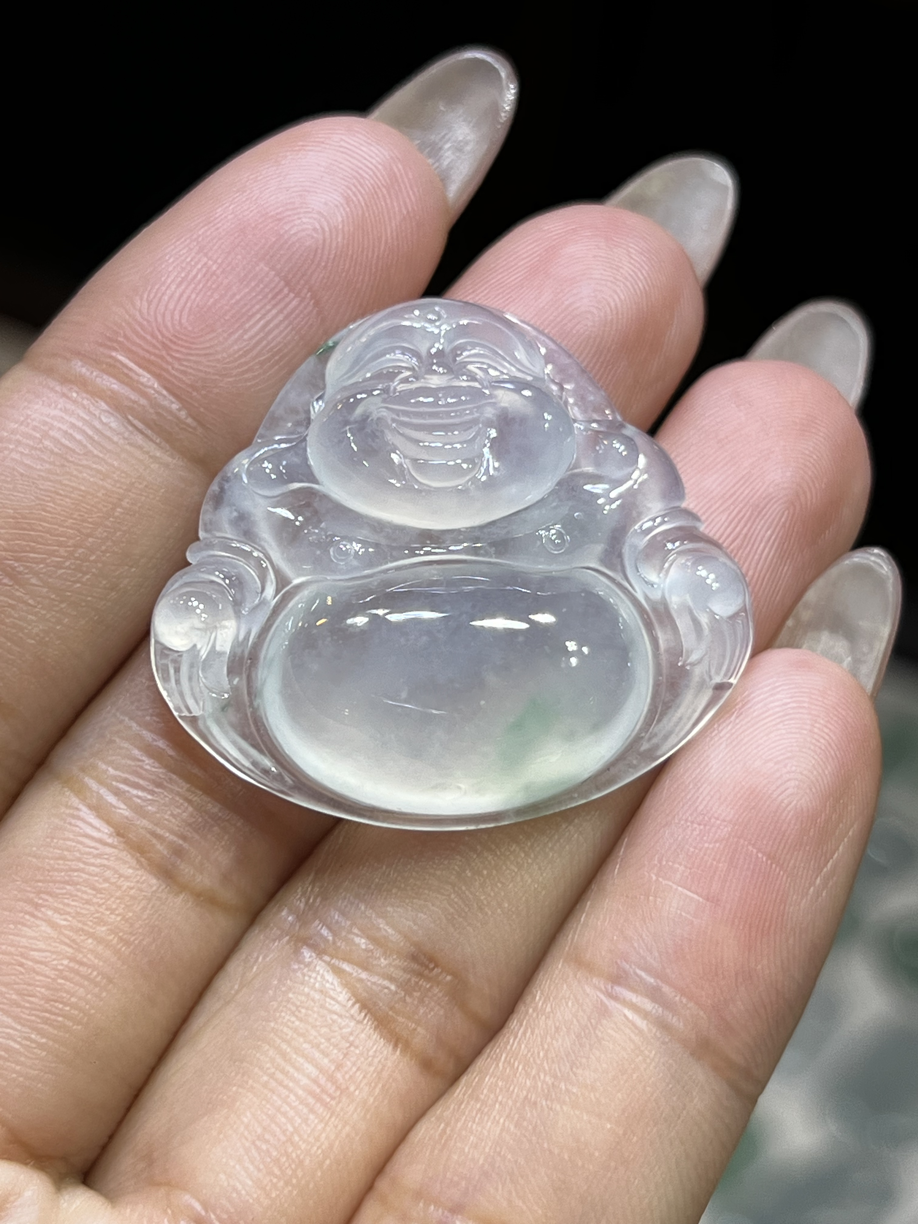 缅甸天然翡翠A货，绿花佛，冰透起光～无纹裂