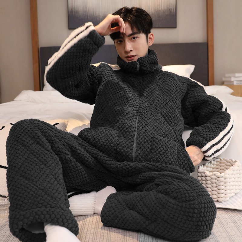 睡衣初中生男士秋冬季加厚加绒立领拉链珊瑚绒保暖棉袄家居服