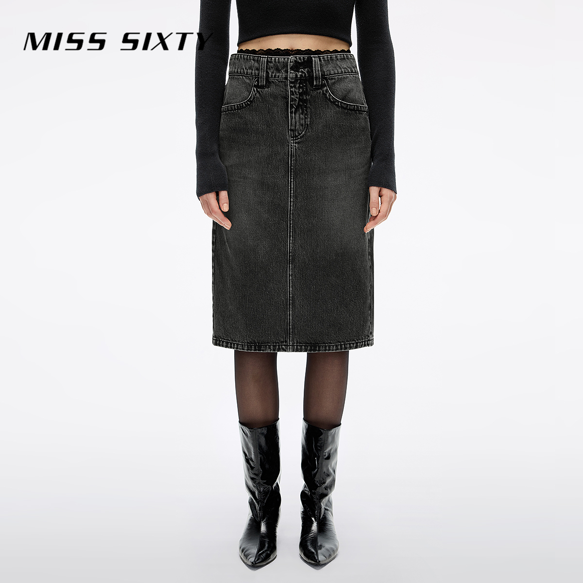 Miss Sixty2025秋季新款牛仔中裙女蕾丝拼接腰头开衩磨白直筒裙