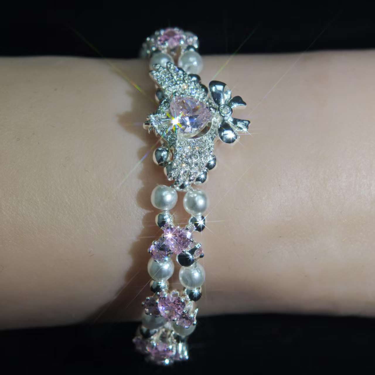 铜合金锆石手链 粉红色镶锆银色少女风饰品时尚轻奢手链首饰串珠